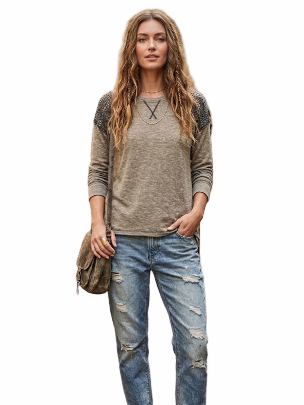 Hem & Thread Gray Lace Detail Top Boho Chic Long Sleeve Knit Women’s S